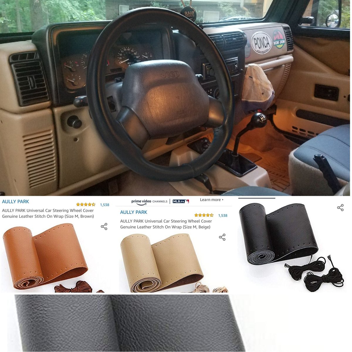 Size M, Black AULLY PARK Universal Car Steering Wheel Cover Genuine Leather Stitch On Wrap 
