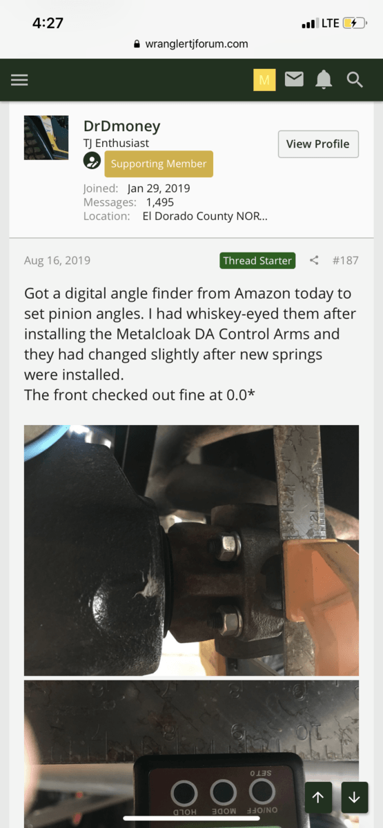 Measuring rear driveshaft angle (vibrations after lift install) Jeep