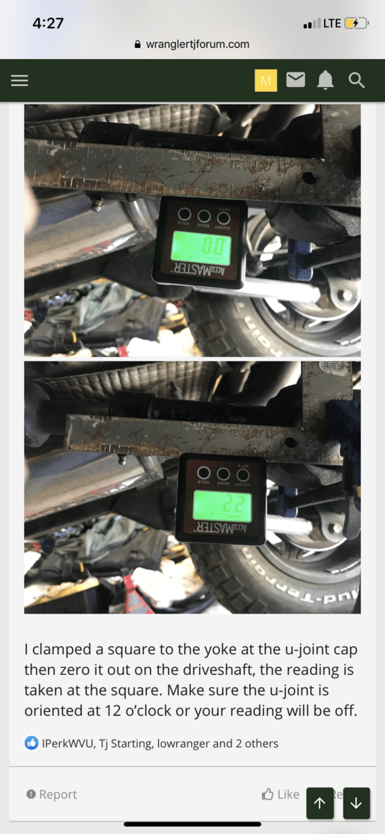 Measuring rear driveshaft angle (vibrations after lift install) Jeep