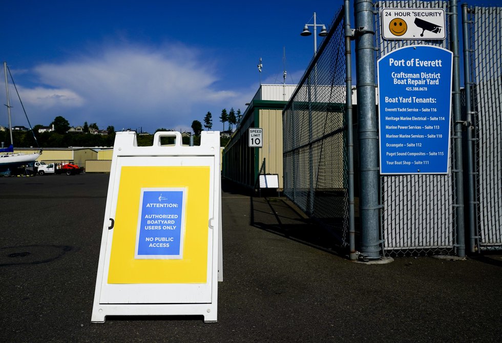 A sign stating there is no public access to the OceanGate offices is seen Thursday, June 22,...