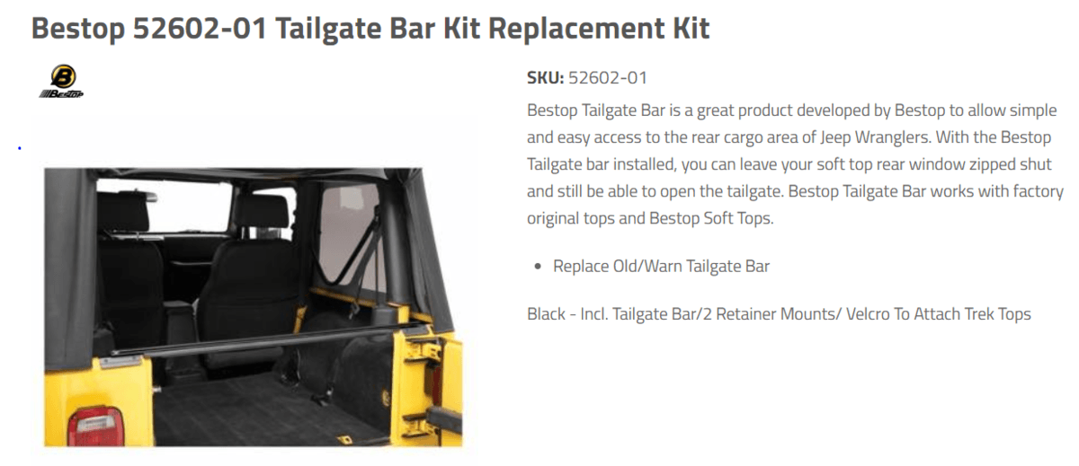 Bestop 52600-01 Tailgate Bar Replacement Kits Black fits 1997-2006 Jeep Wrangler