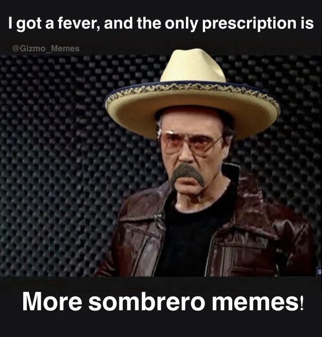 A man wearing a large sombrero hat and a brown leather jacket, standing against a black textured background. Text overlay reads I got a fever, and the only prescription is More sombrero memes! with a watermark from @Gizmo_Memes.