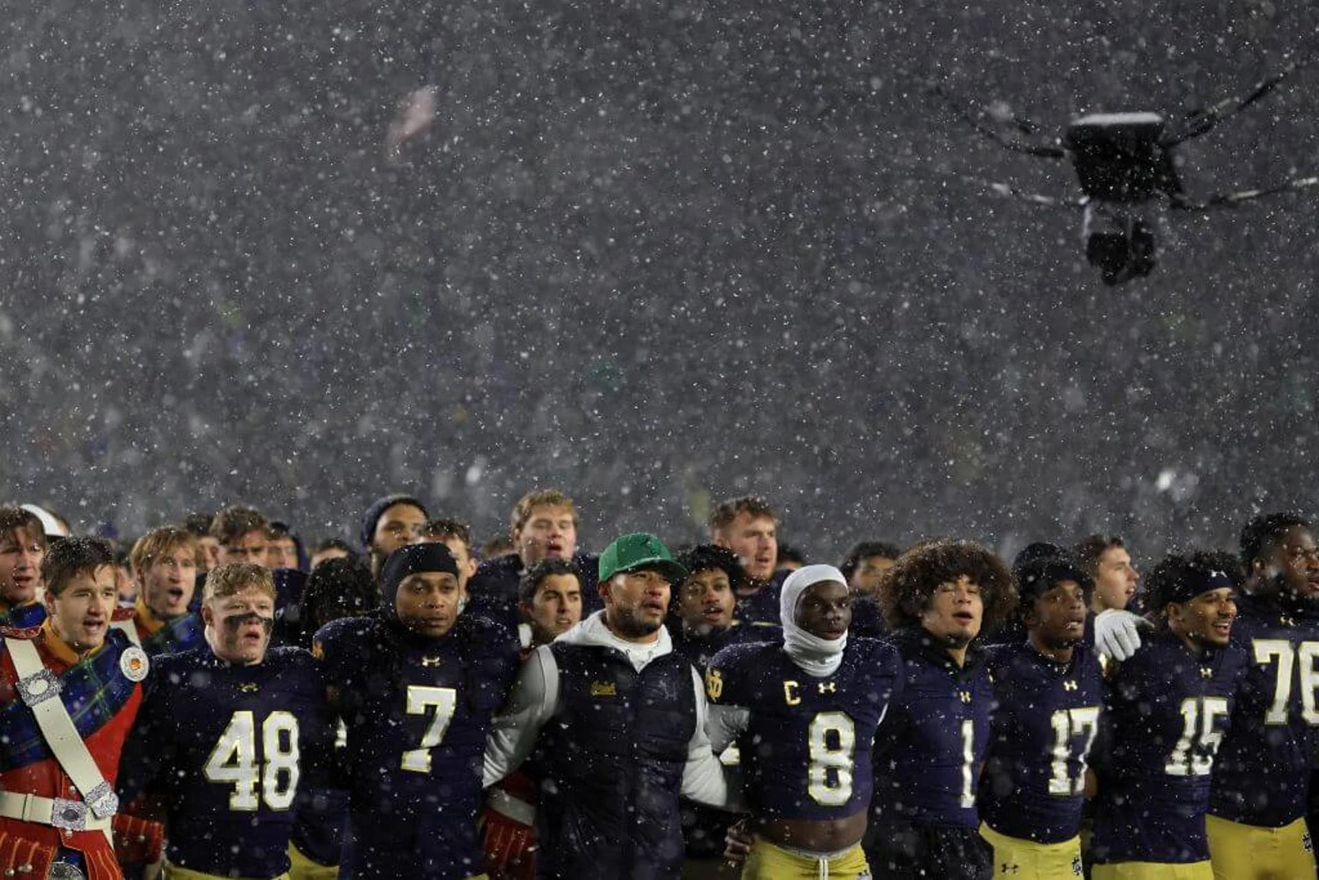 Head coach Marcus Freeman of the Notre Dame Fighting Irish celebrates with his players after a win over the Navy Midshipmen at Notre Dame Stadium on November 08, 2025 in South Bend, Indiana.