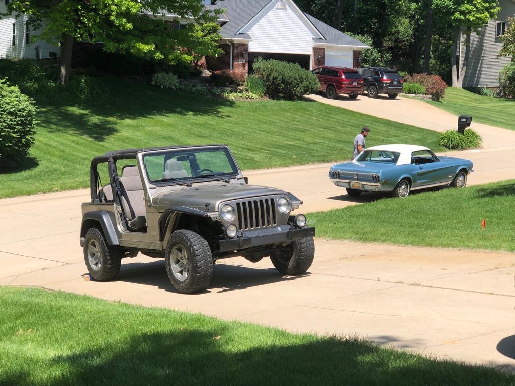 Jeep Driveway Pic with Jon's Mustang.JPG