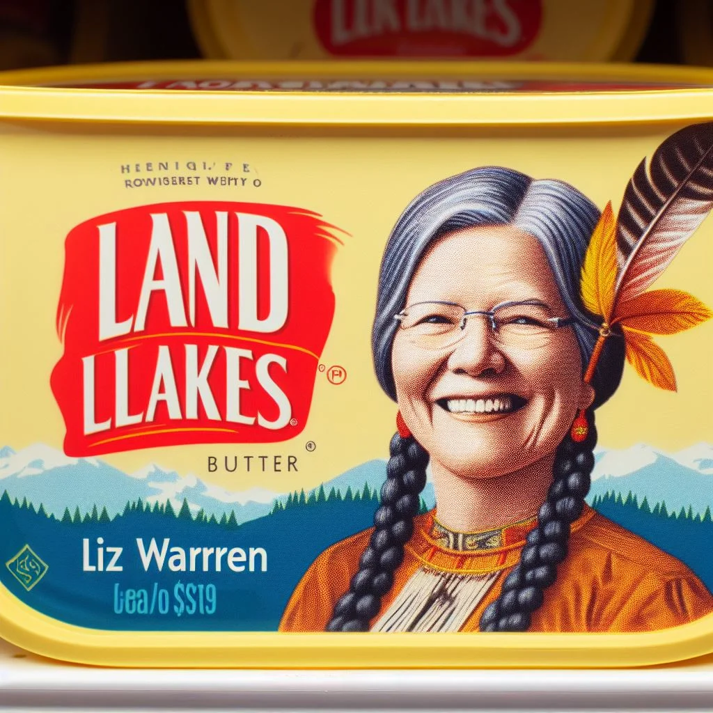 Liz Warren with a native feather in her hair replaces the woman in the logo on the land o lakes butter packaging.