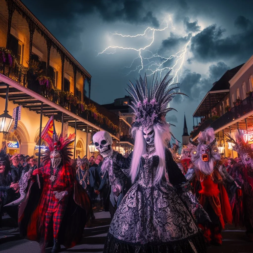 parade of characters down Bourbon Street New Orleans at night celebrating Mardi Gras Marie Laveau voodoo death ominous lightning in sky