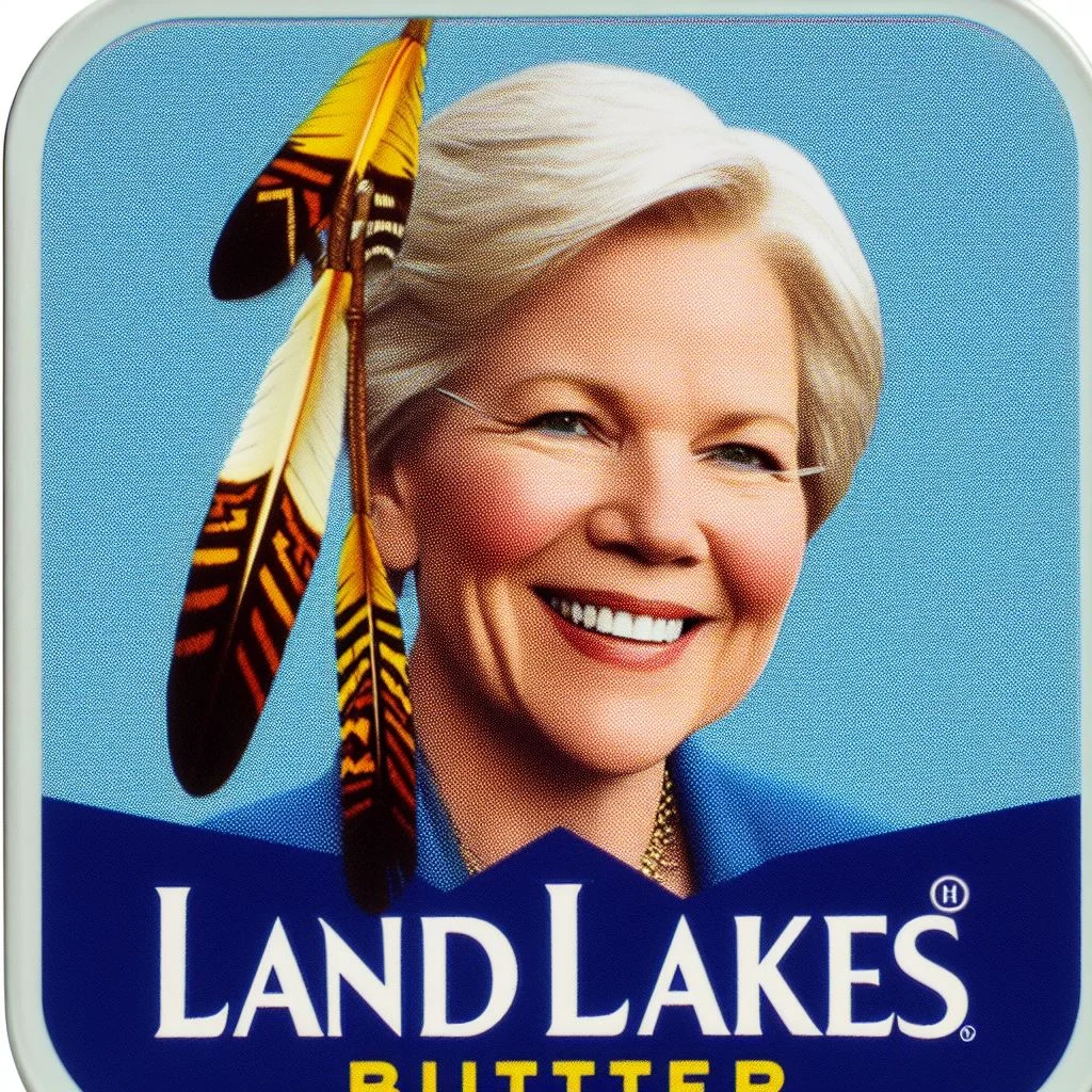Liz Warren with a native feather in her hair replaces the woman in the logo on the land o lakes butter packaging.