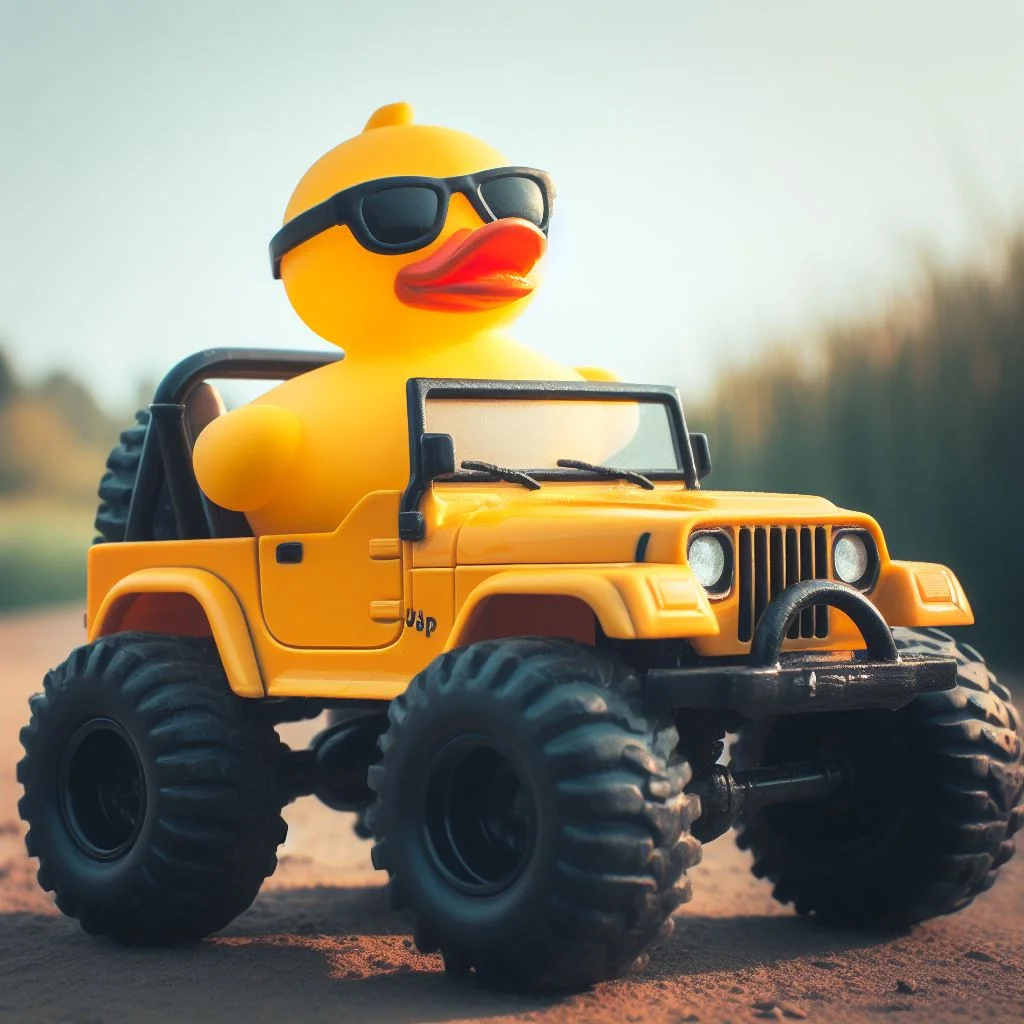 A rubber duck wearing sunglasses driving a yellow Jeep TJ with big tires.