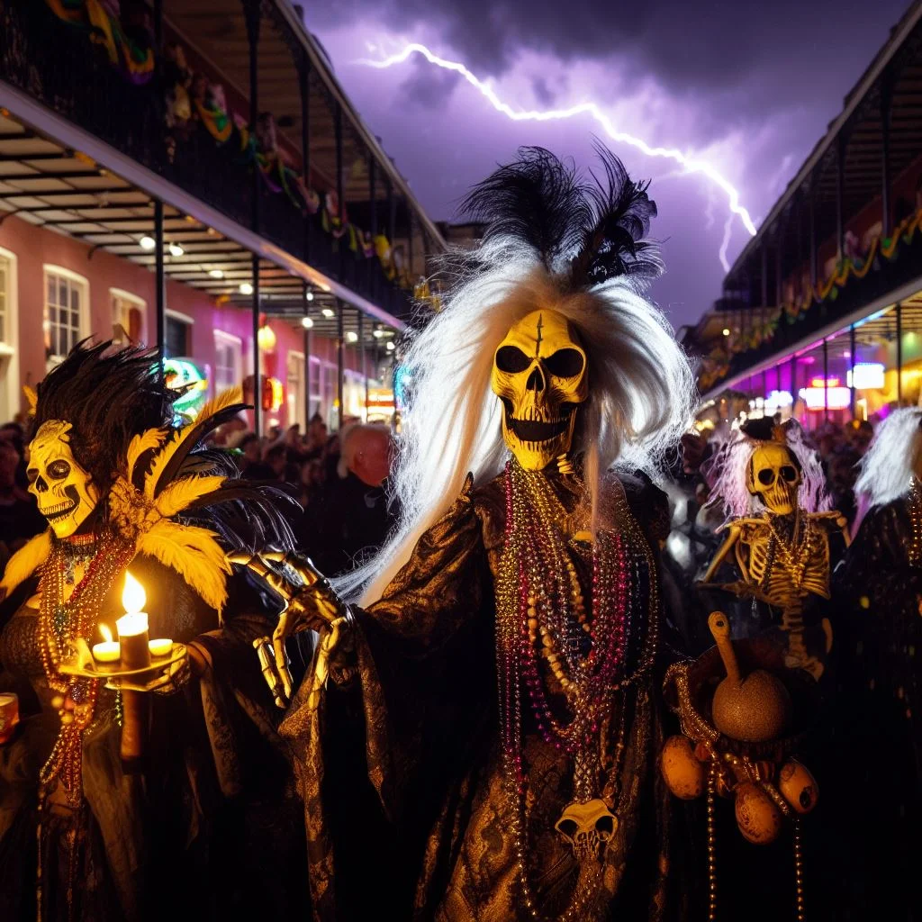 parade of characters down Bourbon Street New Orleans at night celebrating Mardi Gras Marie Laveau voodoo death ominous lightning in sky earn beads