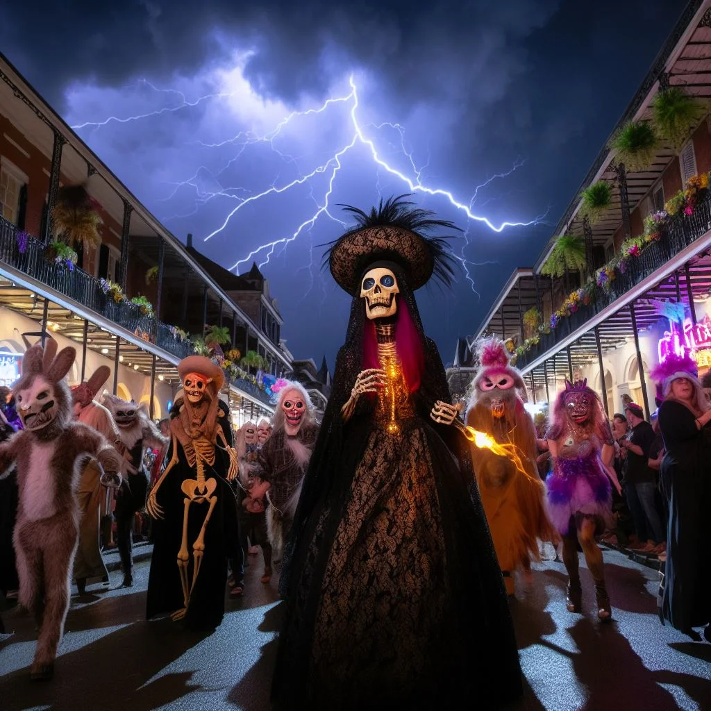 parade of characters down Bourbon Street New Orleans at night celebrating Mardi Gras Marie Laveau voodoo death ominous lightning in sky