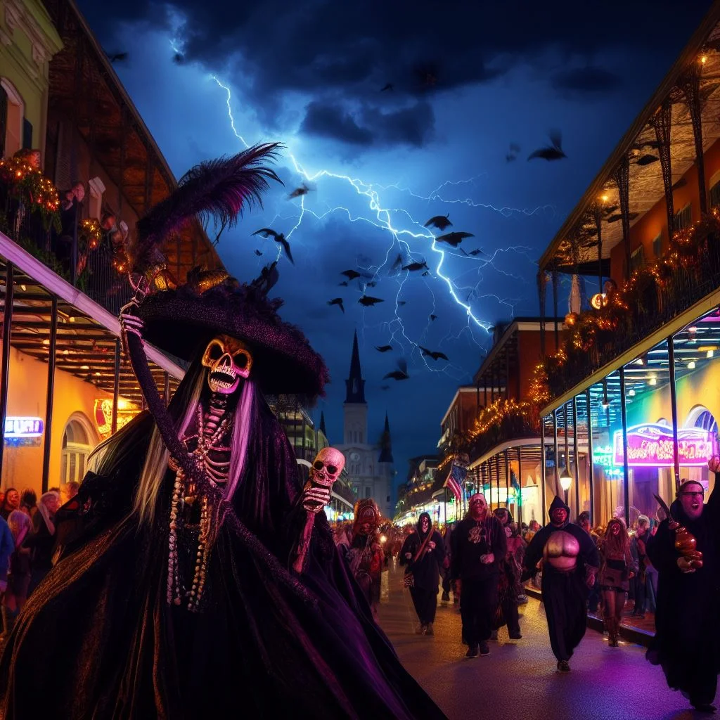 parade of characters down Bourbon Street New Orleans at night celebrating Mardi Gras Marie Laveau voodoo death ominous lightning in sky
